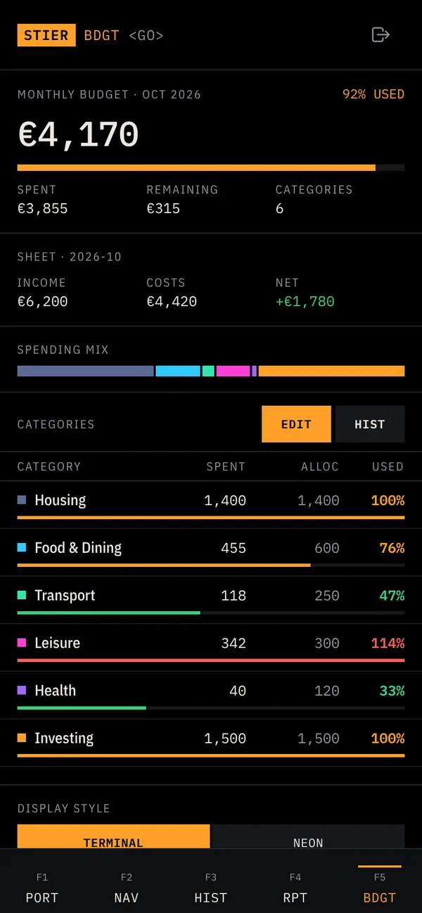 StierTerm screen: Monthly budget, terminal style