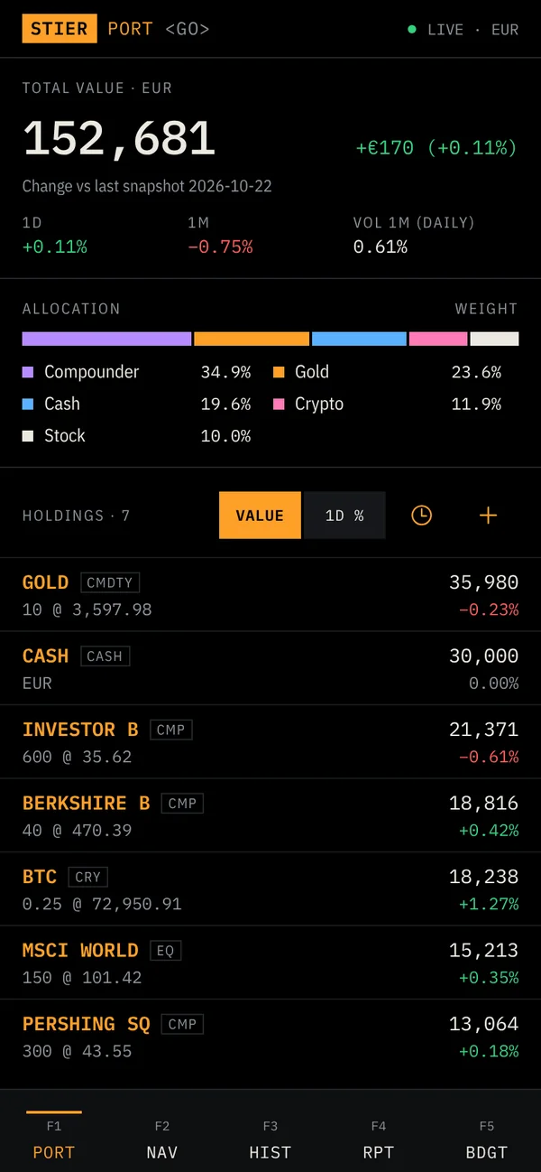 StierTerm screen: Your portfolio, terminal style